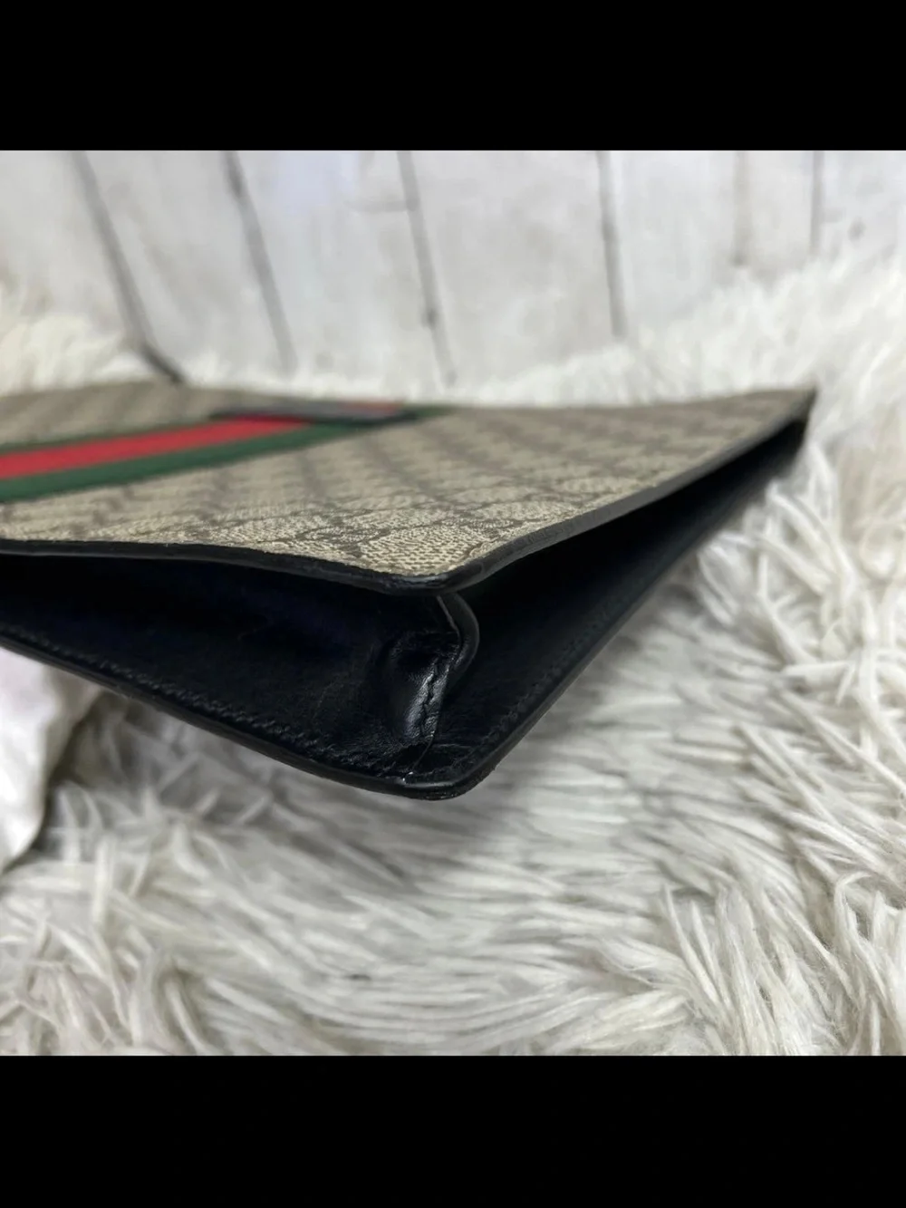 Gucci Beige GG Supreme Canvas Wristlet with Red and Green Web Stripe